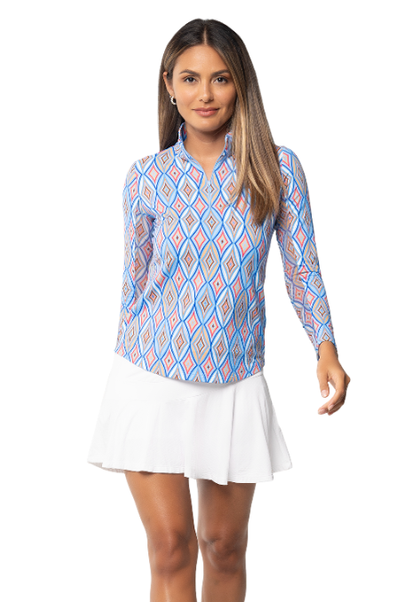 IBKÜL - Romina Print Long Sleeve Mock Neck Top – 10931 - Color: Blue Multi