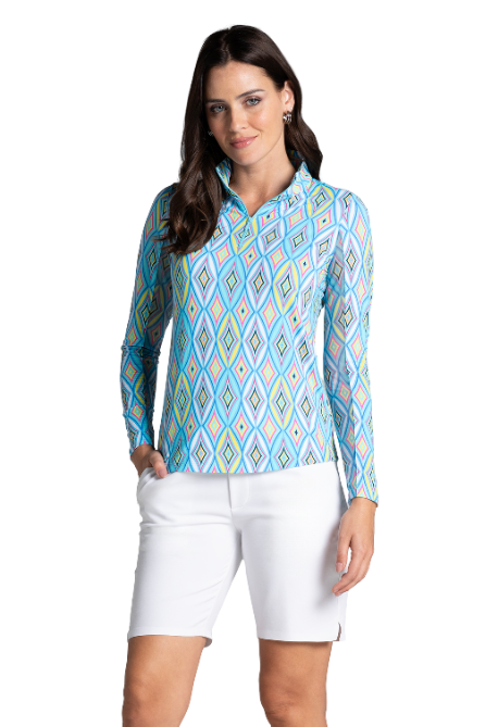 IBKÜL - Romina Print Long Sleeve Mock Neck Top – 10931 - Color: Seafoam Multi