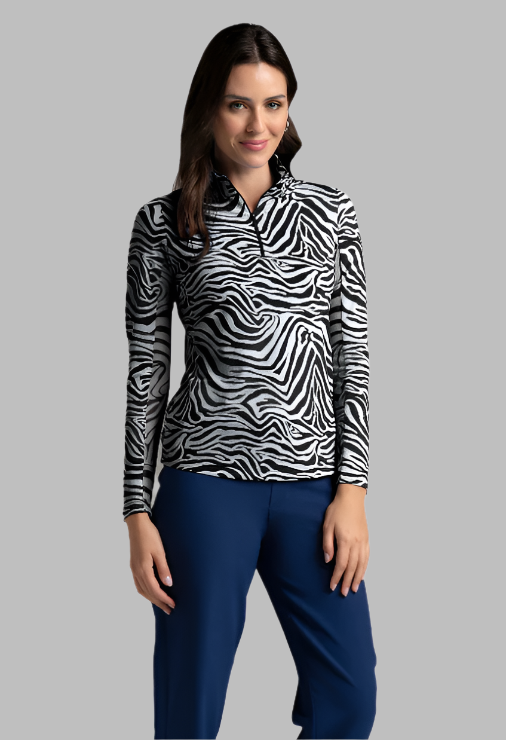IBKÜL - Cecilia Print Long Sleeve Mock Neck Top – 10932 - Color: Black/White