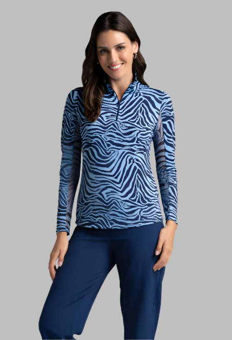 IBKÜL - Cecilia Print Long Sleeve Mock Neck Top – 10932 - Color: Navy/Peri