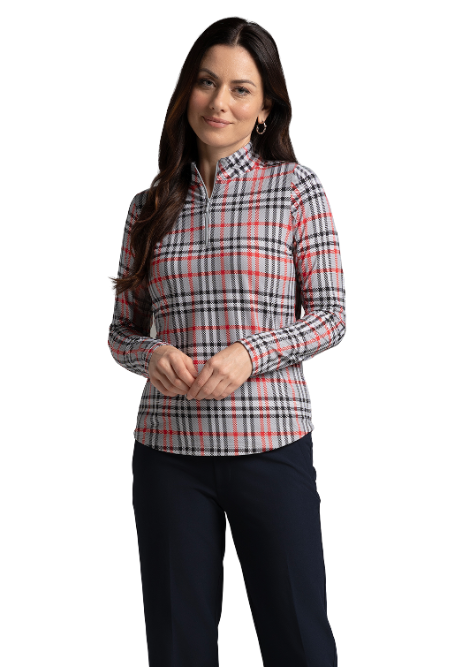 IBKÜL - Judith Print Long Sleeve Mock Neck Top – 10934 - Color: Grey/Red