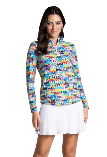 IBKÜL - Live, Love, Laugh Print Long Sleeve Mock Neck Top – 10935 - Color: Red Multi