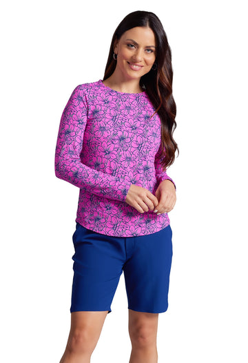 IBKÜL - Diana Print Long Sleeve Crew Neck – 12930 - Color: Hot Pink/Navy