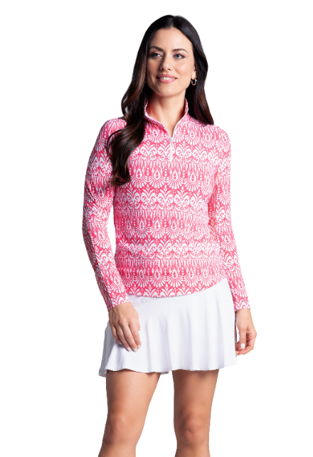IBKÜL - Barbara Print Long Sleeve Mock Neck Top – 10086 - Color: Watermelon/White