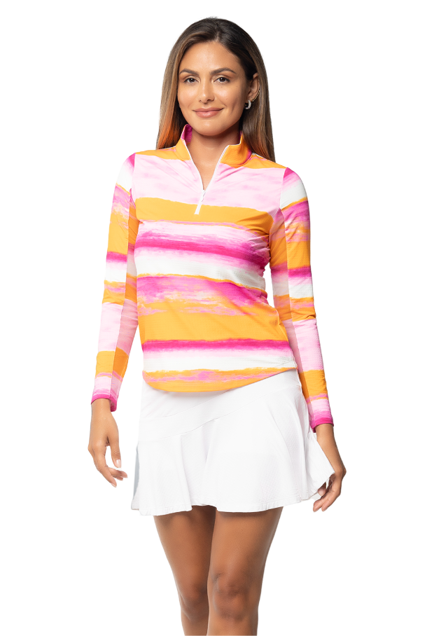 IBKÜL - Amy Print Long Sleeve Mock Neck Top – 10088 - Color: Hot Pink/Orange Peel