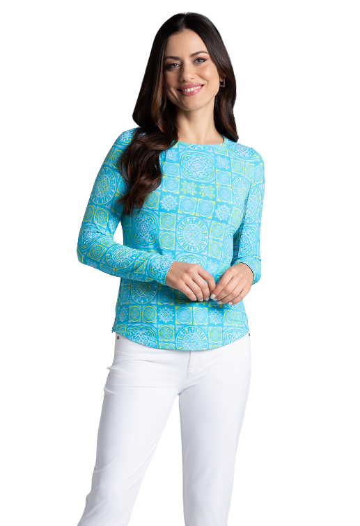 IBKÜL - Colette Print Long Sleeve Crew Neck – 12090 - Color: Turquoise/Lime