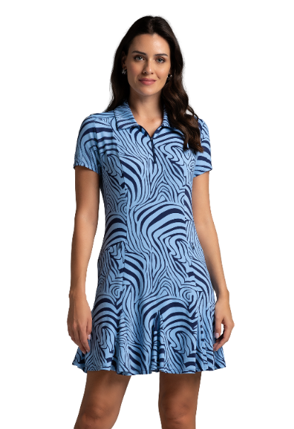 IBKÜL - Cecilia Print Short Sleeve Godet Dress – 69932 - Color: Navy/Peri