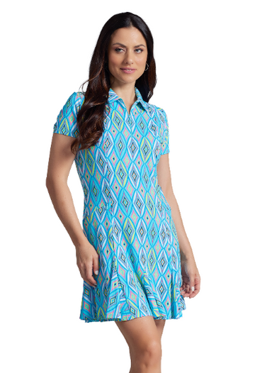 IBKÜL - Romina Print Short Sleeve Godet Dress – 69931 - Color: Seafoam Multi