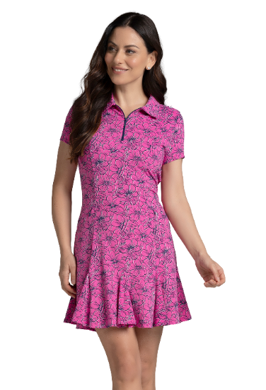 IBKÜL - Diana Print Short Sleeve Godet Dress – 69930 - Color: Hot Pink/Navy