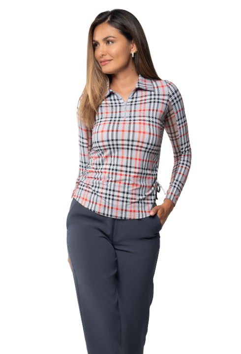 IBKÜL - Judith Print Adjustable Length Long Sleeve Polo – 48934 - Color: Grey/Red