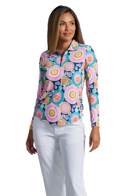 IBKÜL - Leona Print Adjustable Length Long Sleeve Polo – 48933 - Color: Navy Multi