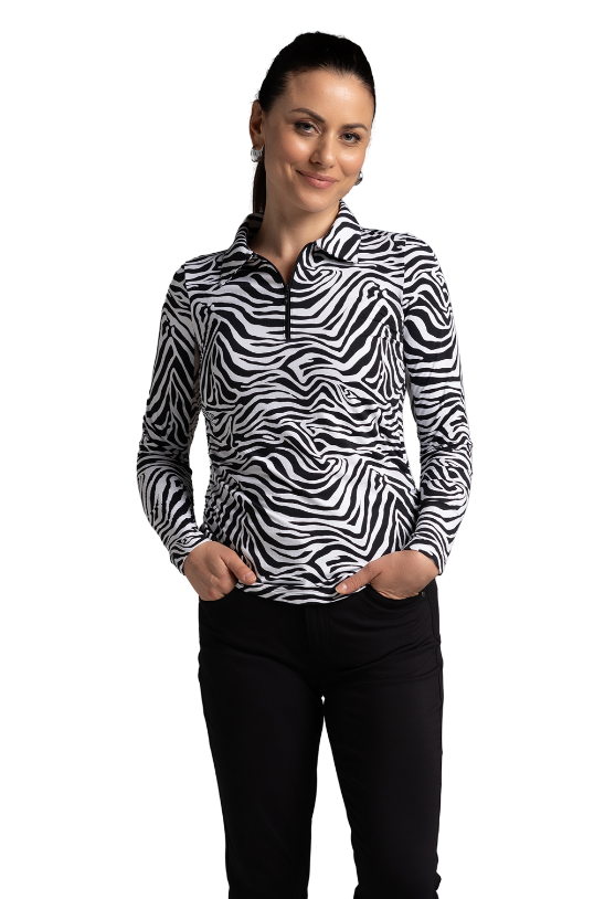 IBKÜL - Cecilia Print Adjustable Length Long Sleeve Polo – 48932 - Color: Black/White
