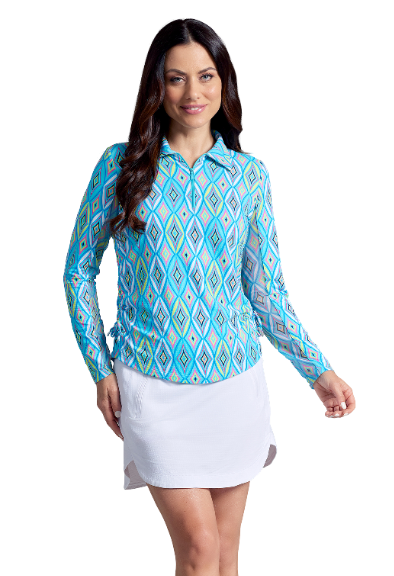 IBKÜL - Romina Print Adjustable Length Long Sleeve Polo – 48931 - Color: Seafoam Multi