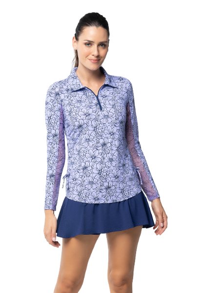 IBKÜL - Diana Print Adjustable Length Long Sleeve Polo – 48930 - Color: Lavender/Navy