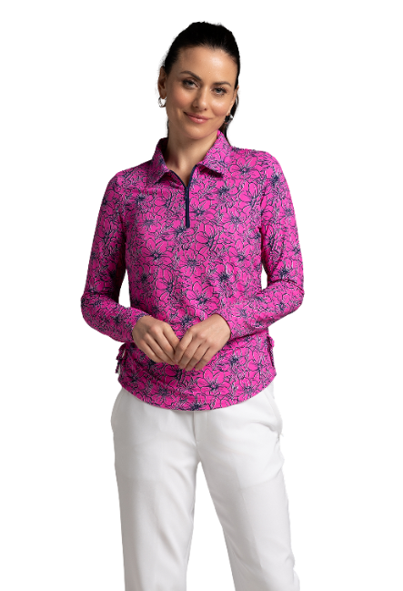 IBKÜL - Diana Print Adjustable Length Long Sleeve Polo – 48930 - Color: Hot Pink/Navy