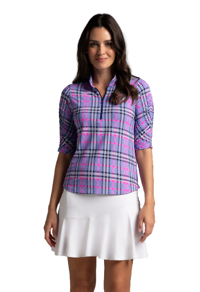 IBKÜL - Judith Print Ruched Elbow Sleeve Top - 41934 - Color: Lavender/Hot Pink