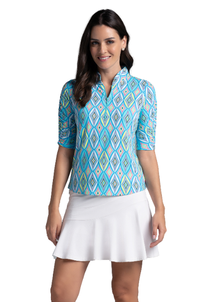 IBKÜL - Romina Print Ruched Elbow Sleeve Top - 41931 - Color: Seafoam Multi