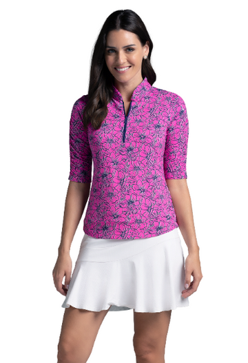 IBKÜL - Diana Print Ruched Elbow Sleeve Top - 41930 - Color: Hot Pink/Navy