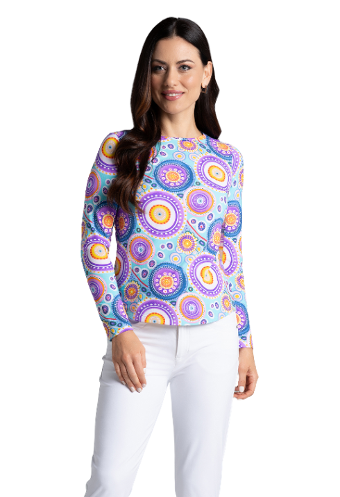 IBKÜL - Leona Print Long Sleeve Crew Neck – 12933 - Color: Seafoam Multi