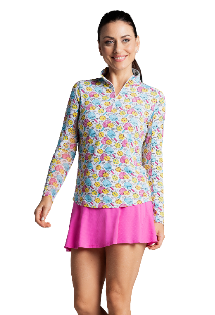 IBKÜL - Game On Print Long Sleeve Mock Neck Top – 10938 - Color: Raspberry/Turq