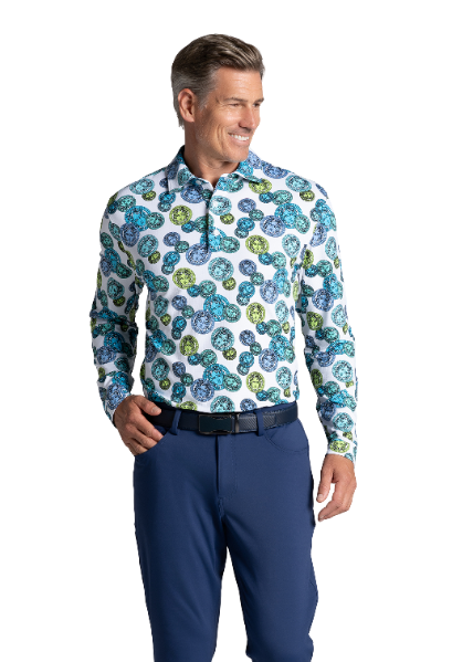 IBKÜL - Medusa Print Long Sleeve Polo – 95171 (Modern Fit) - Color: Turq Multi