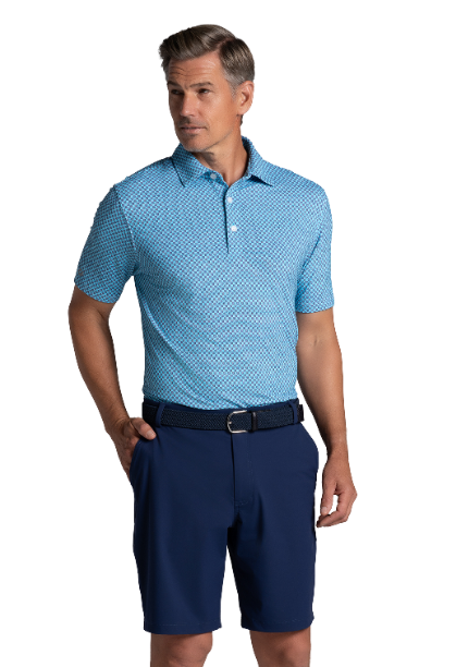IBKÜL - Square Spiral Print Short Sleeve Polo – 94169 (Modern Fit) - Color: Ink/Turq/White