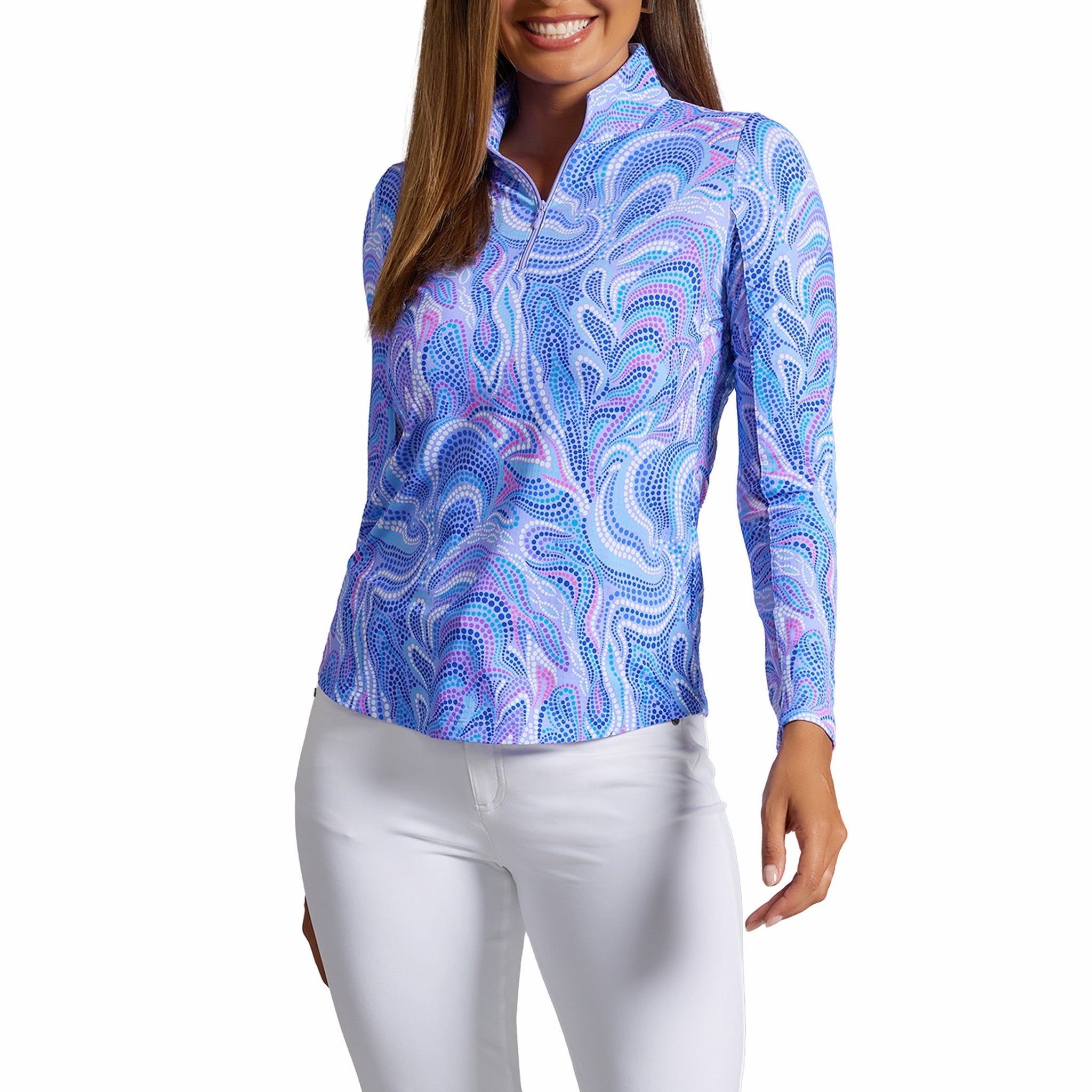 IBKÜL - Rebecca Print Long Sleeve Mock Neck Top – 10087 - Color: Lavender Multi