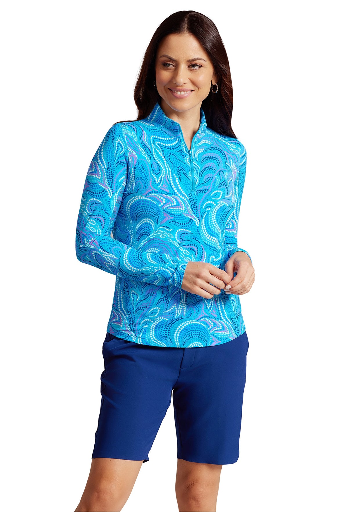 IBKÜL - Rebecca Print Long Sleeve Mock Neck Top – 10087 - Color: Turquoise Multi