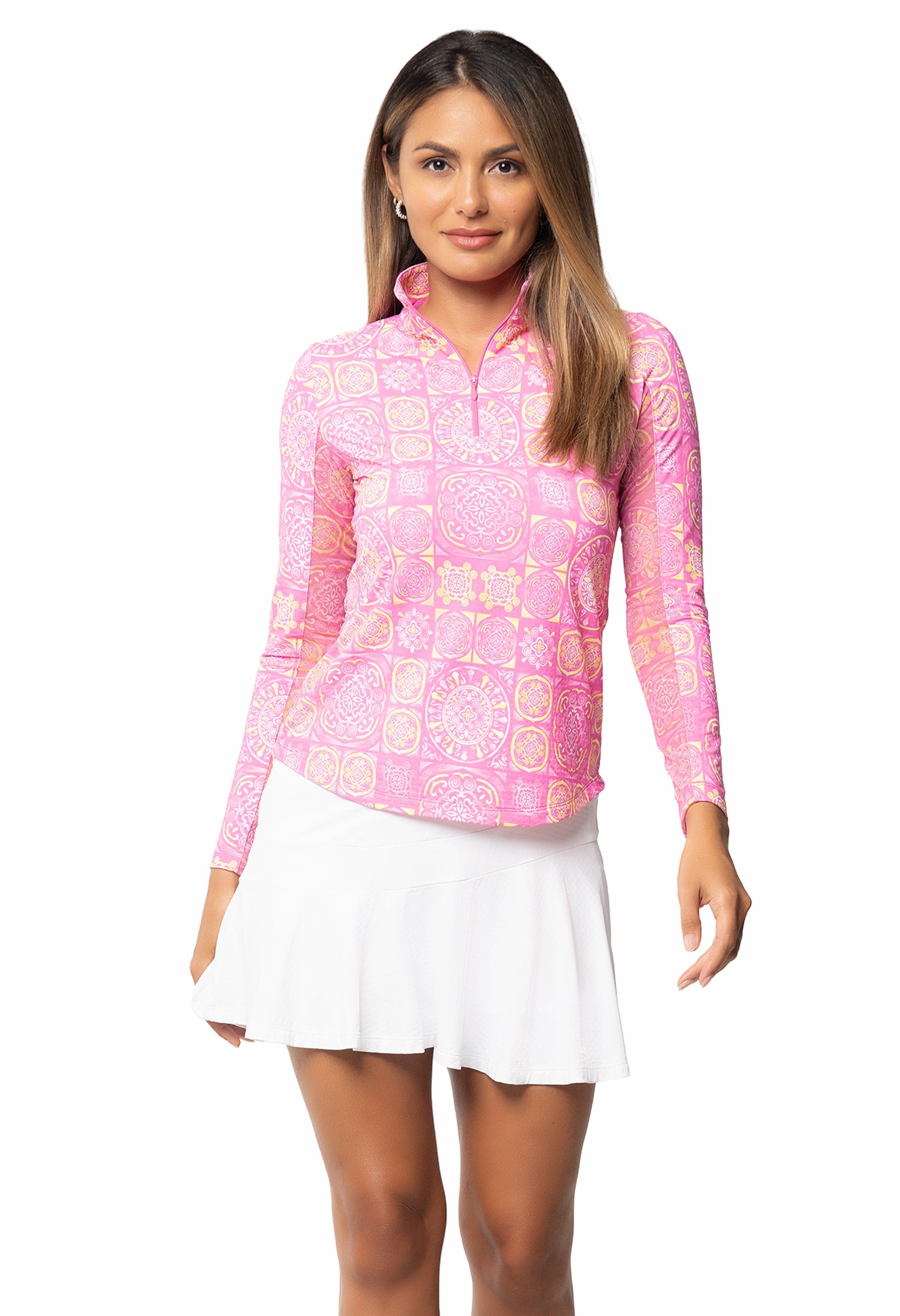 IBKÜL - Colette Print Long Sleeve Mock Neck Top – 10090 - Color: Hot Pink/Yellow