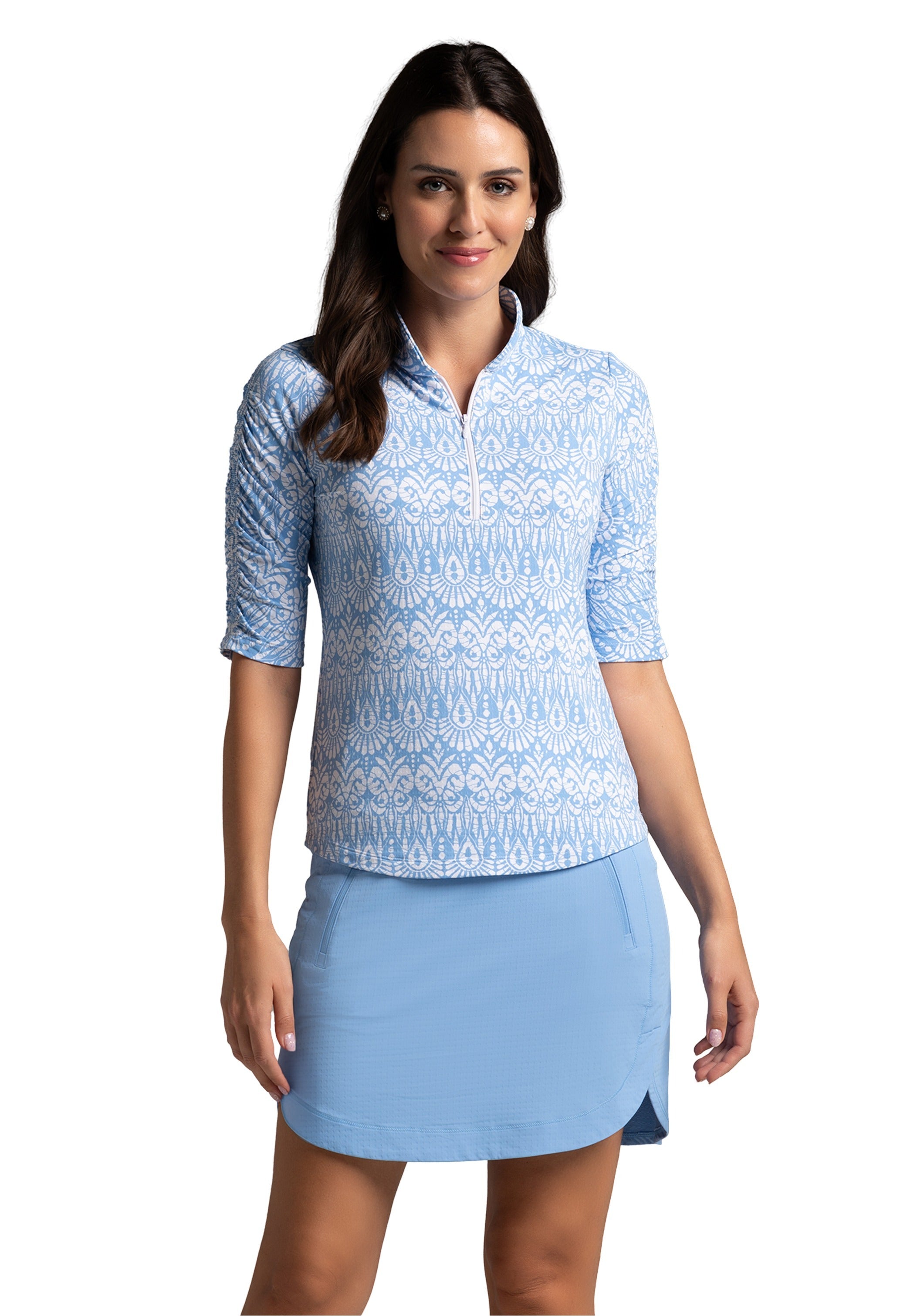 IBKÜL - Barbara Print Ruched Elbow Length Sleeve Top – 41086 - Color: Peri/White