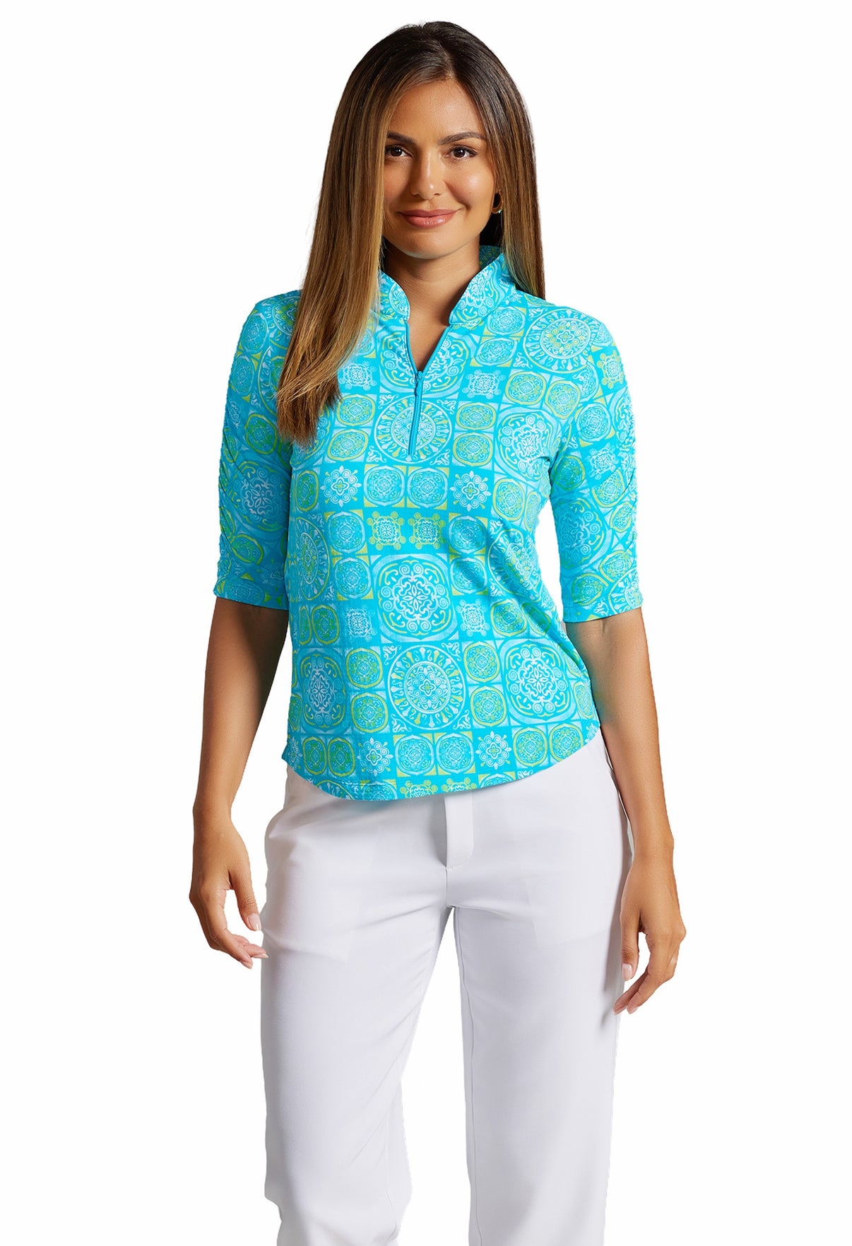 IBKÜL - Colette Print Ruched Elbow Length Sleeve Top – 41090 - Color: Turquoise/Lime