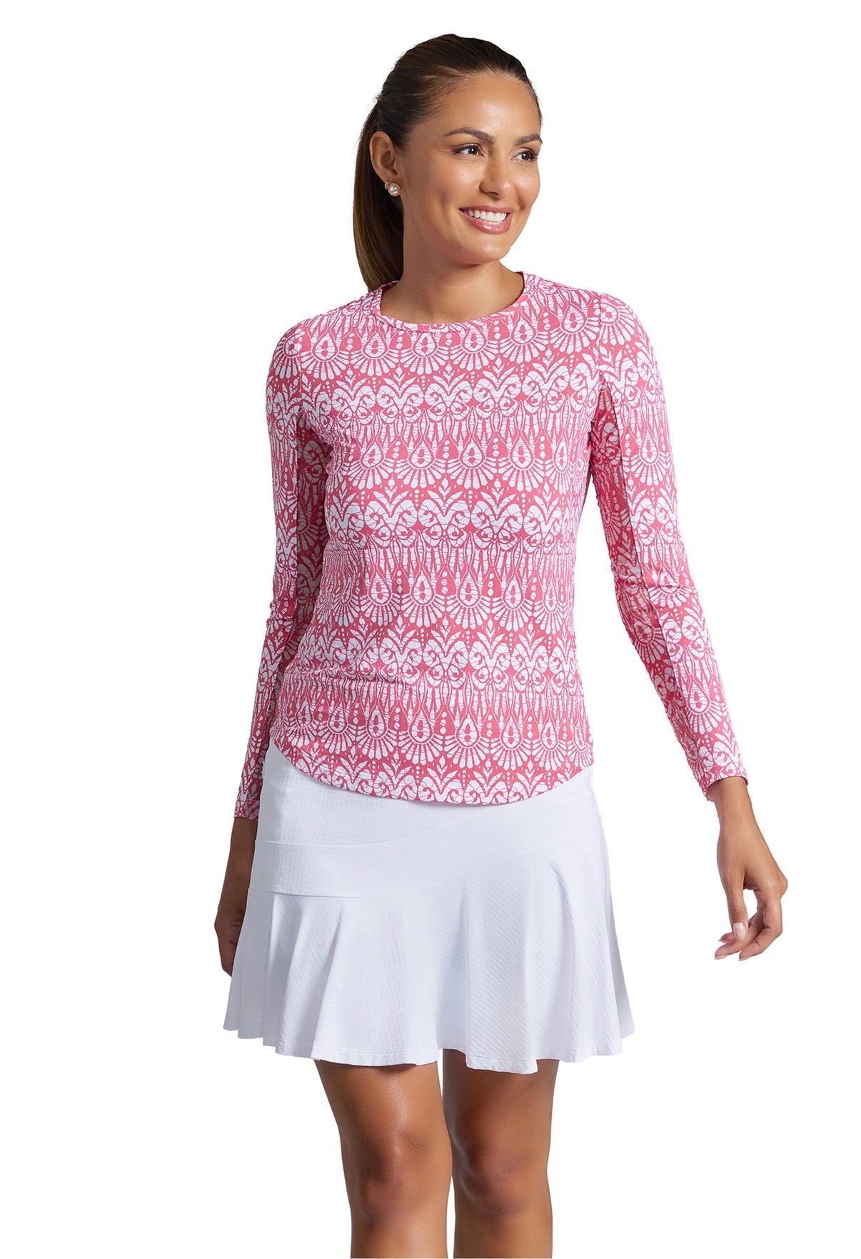 IBKÜL - Barbara Print Long Sleeve Crew Neck – 12086 - Color: Watermelon/White