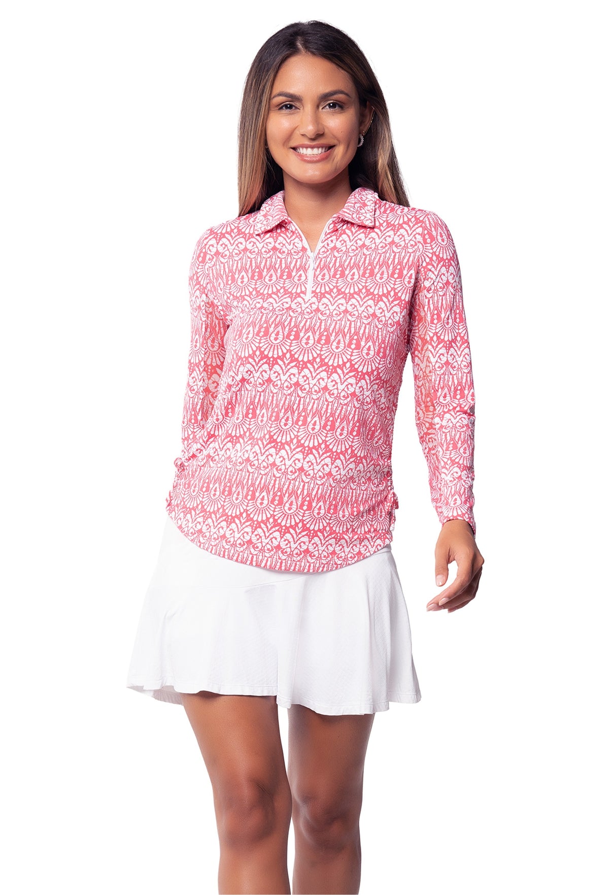 IBKÜL - Barbara Print Adjustable Length Long Sleeve Polo – 48086 - Color: Watermelon/White