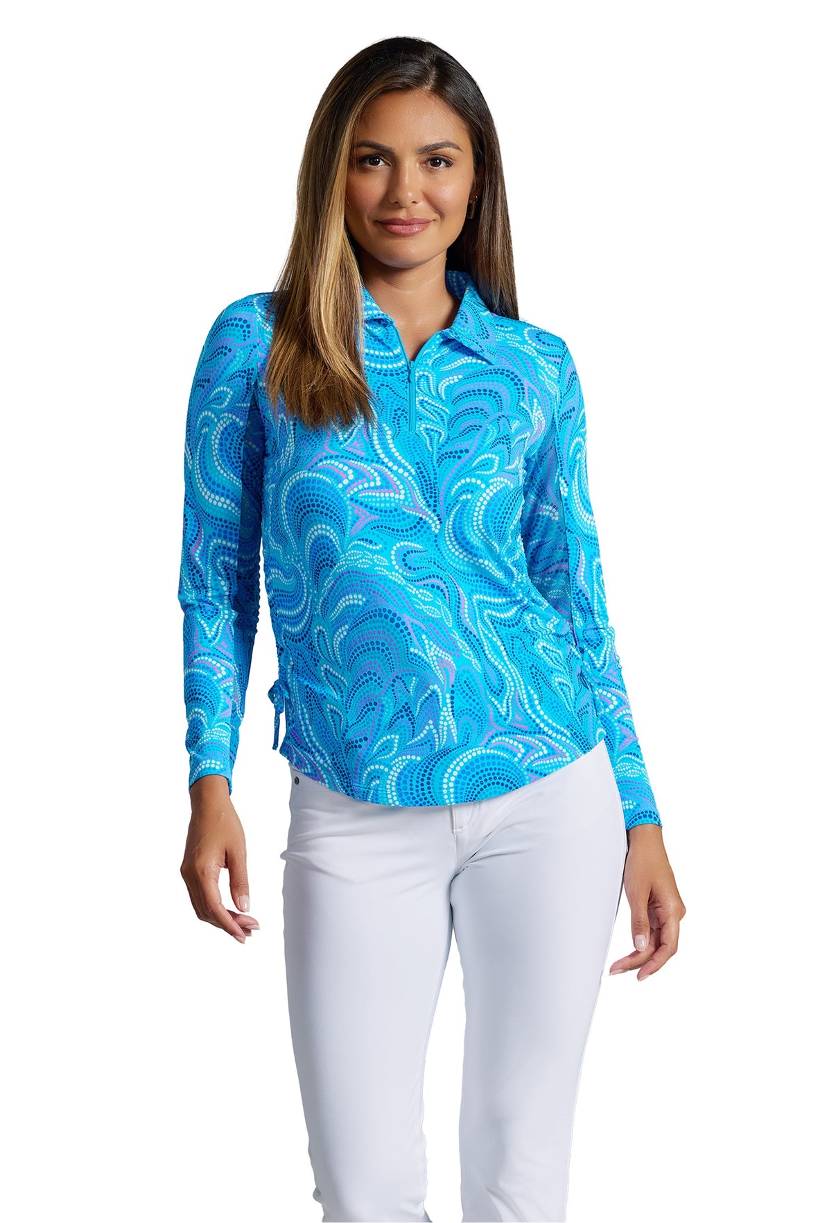 IBKÜL - Rebecca Print Adjustable Length Long Sleeve Polo – 48087 - Color: Turquoise Multi