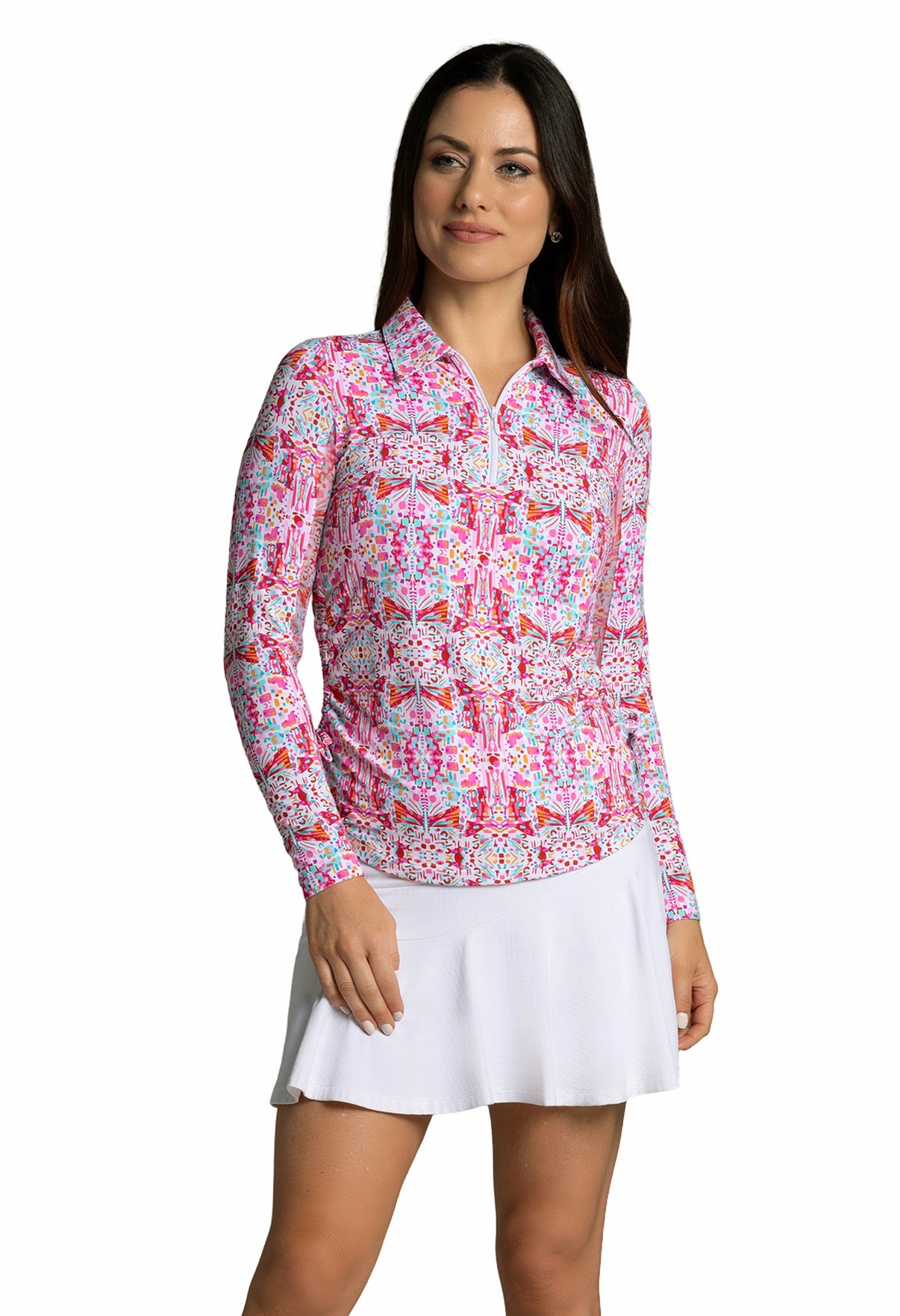 IBKÜL - Ridley Print Adjustable Length Long Sleeve Polo – 48089 - Color: Watermelon Multi