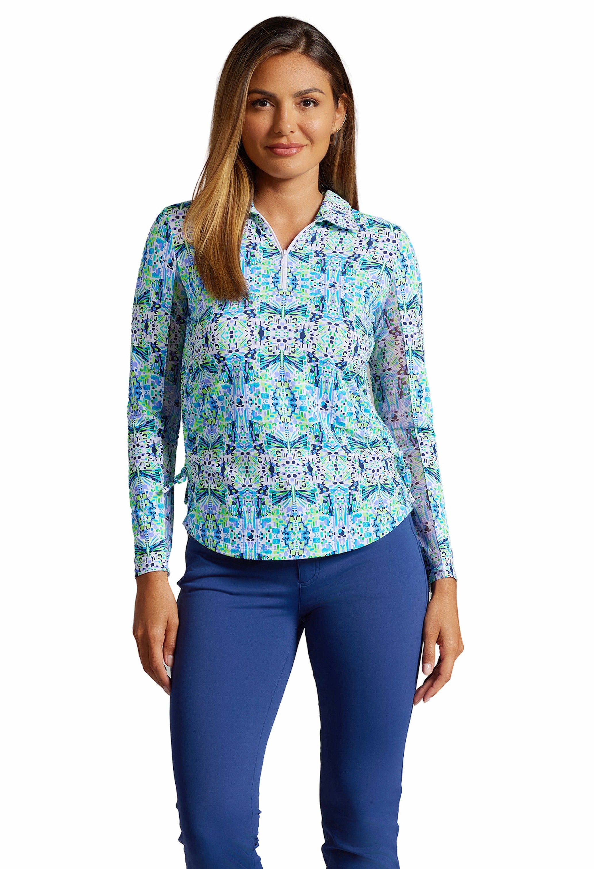 IBKÜL - Ridley Print Adjustable Length Long Sleeve Polo – 48089 - Color: Navy Multi
