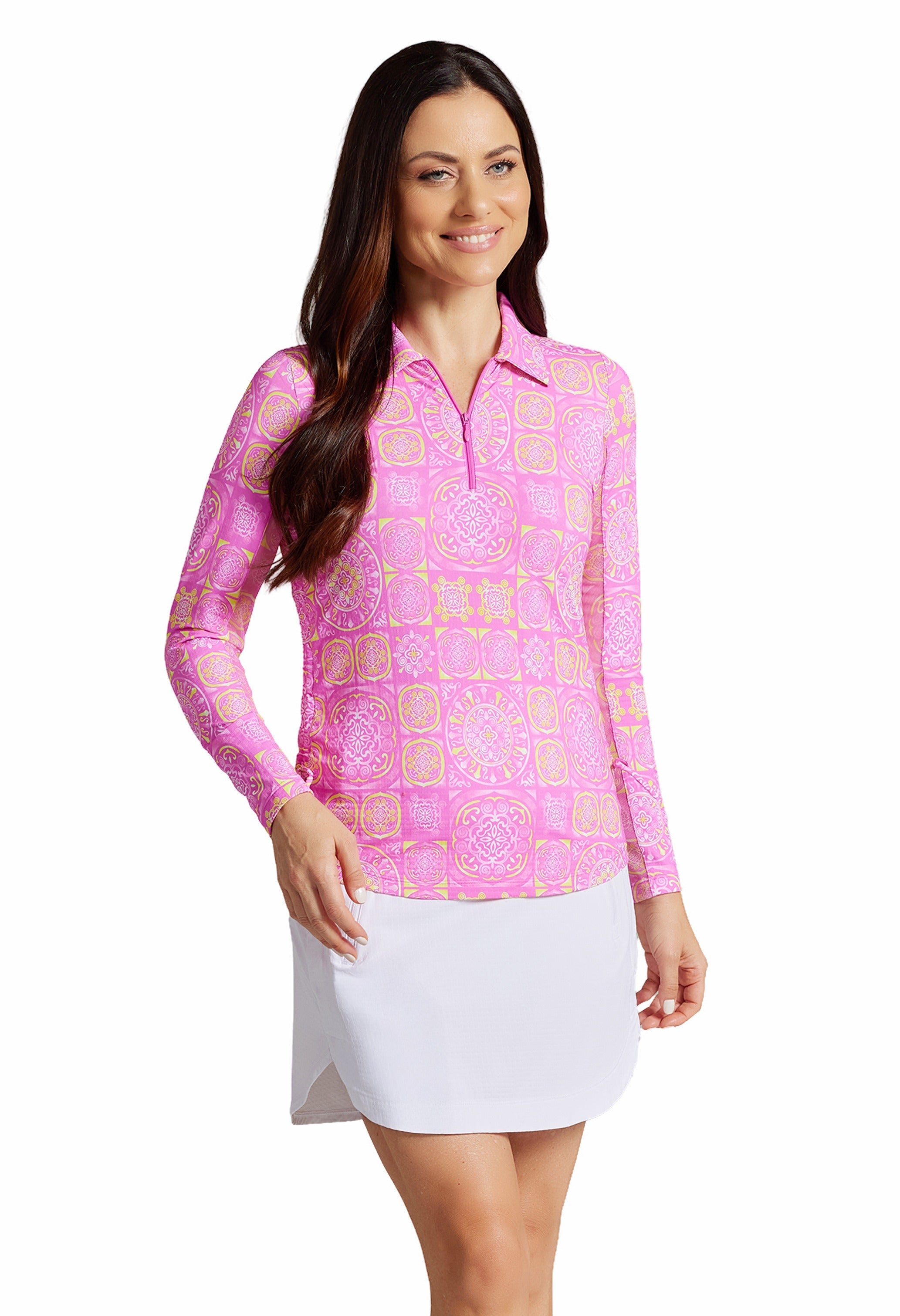 IBKÜL - Colette Print Adjustable Length Long Sleeve Polo – 48090 - Color: Hot Pink/Yellow