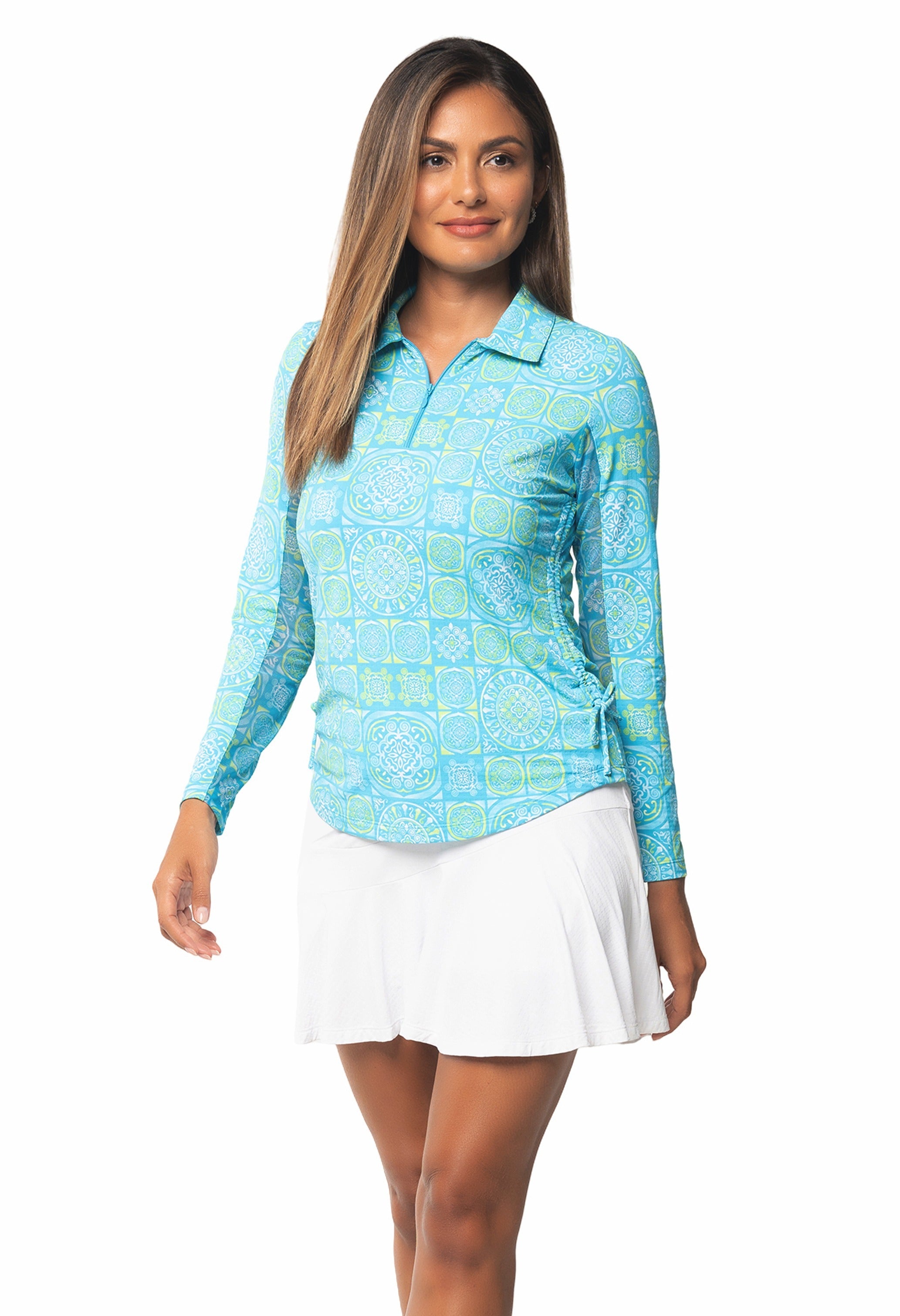 IBKÜL - Colette Print Adjustable Length Long Sleeve Polo – 48090 - Color: Turquoise/Lime