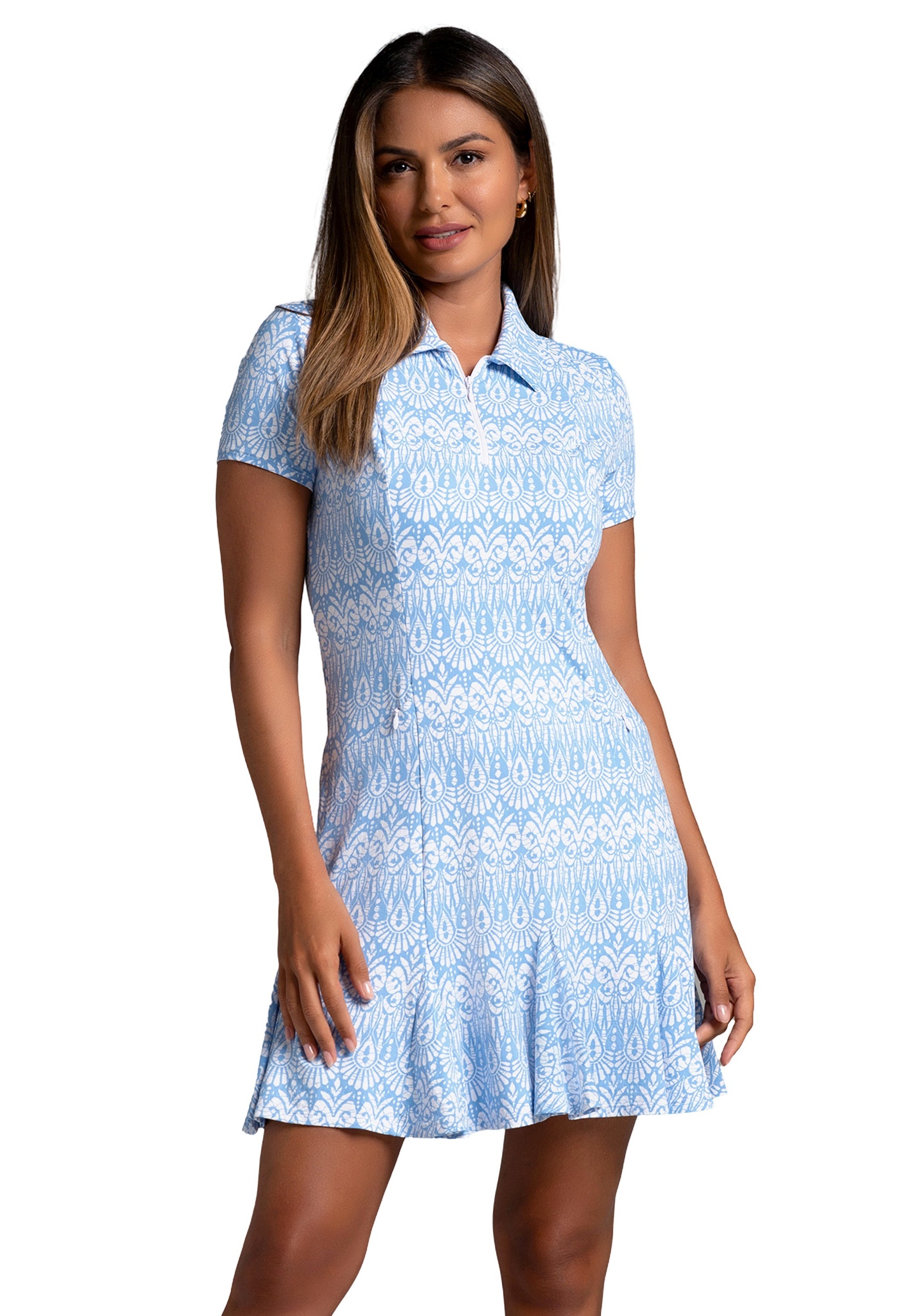 IBKÜL - Barbara Print Short Sleeve Godet Dress – 69086 - Color: Peri/White