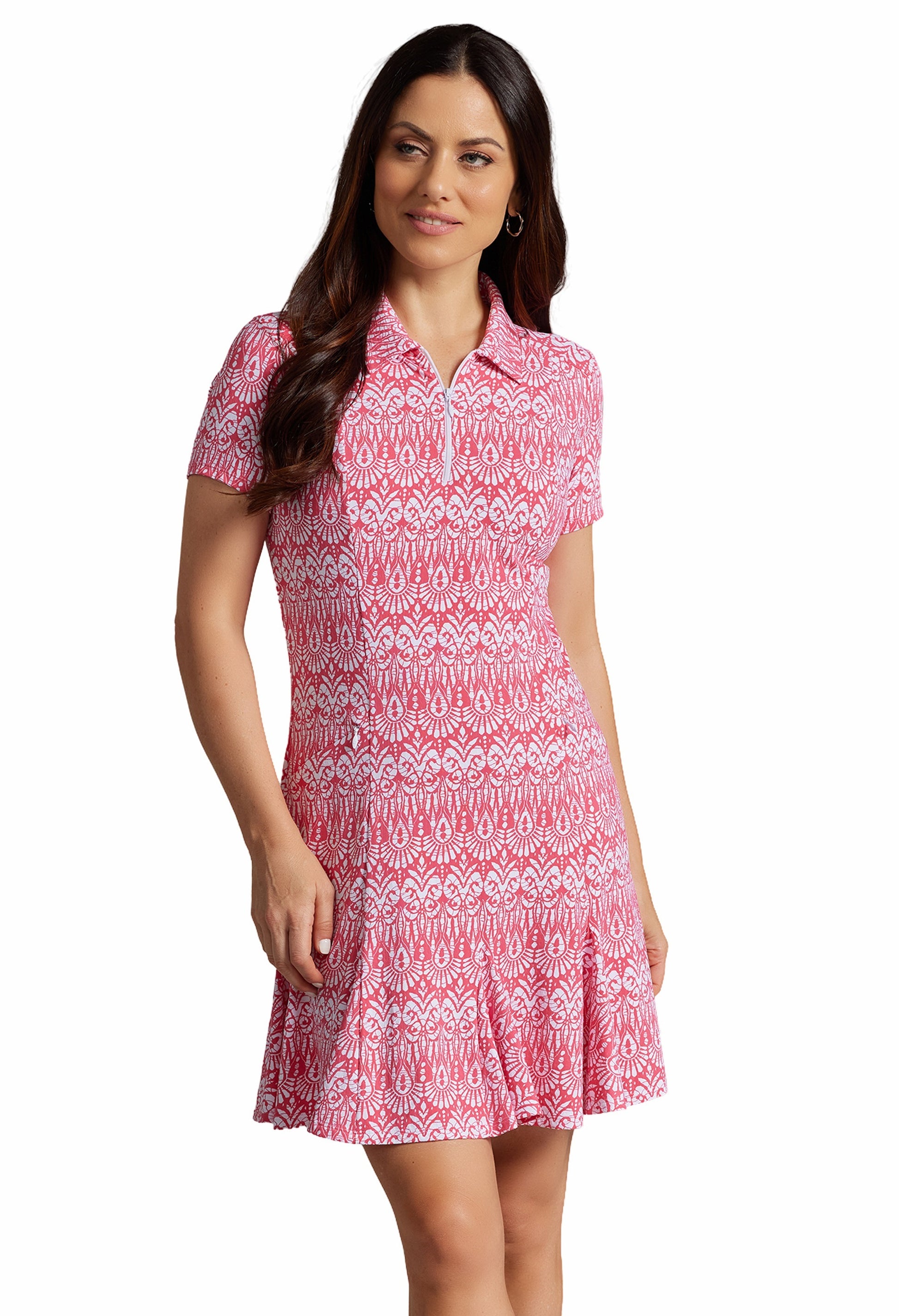 IBKÜL - Barbara Print Short Sleeve Godet Dress – 69086 - Color: Watermelon/White