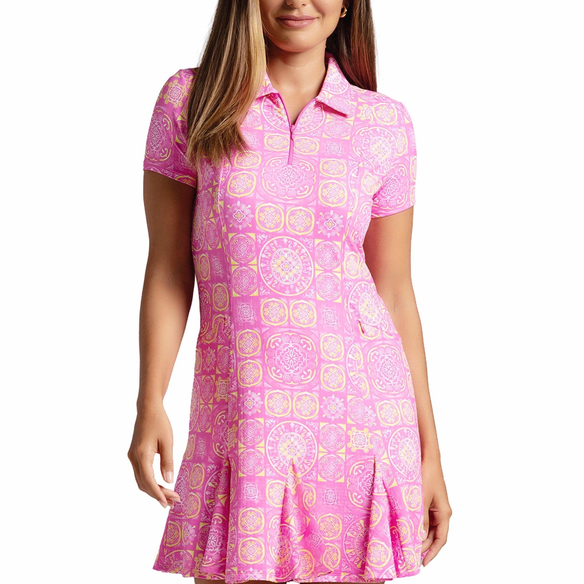 IBKÜL - Colette Print Short Sleeve Godet Dress – 69090 - Color: Hot Pink/Yellow