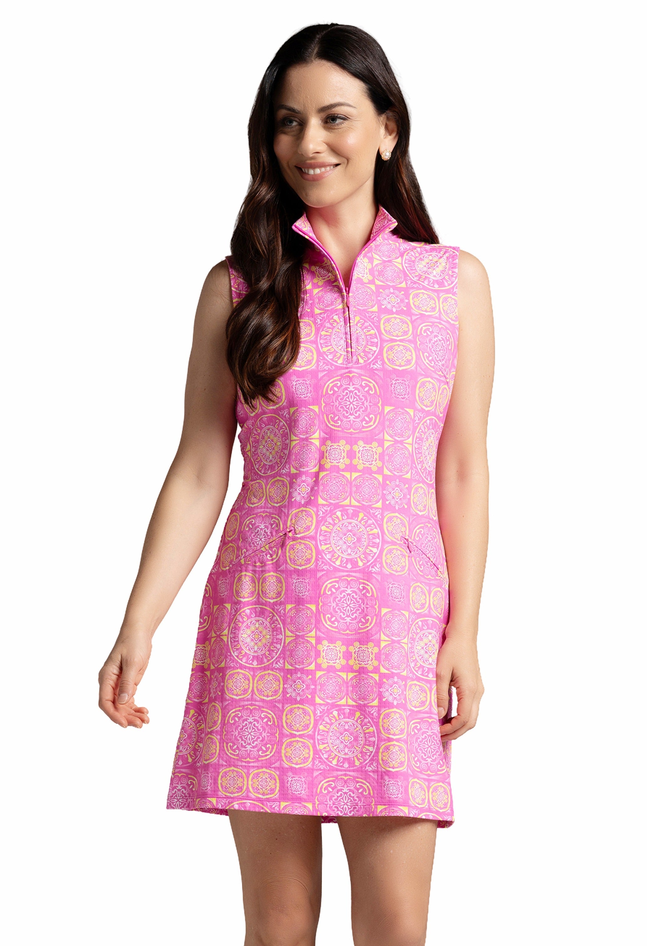 IBKÜL - Colette Print Sleeveless Mock Dress – 58090 - Color: Hot Pink/Yellow