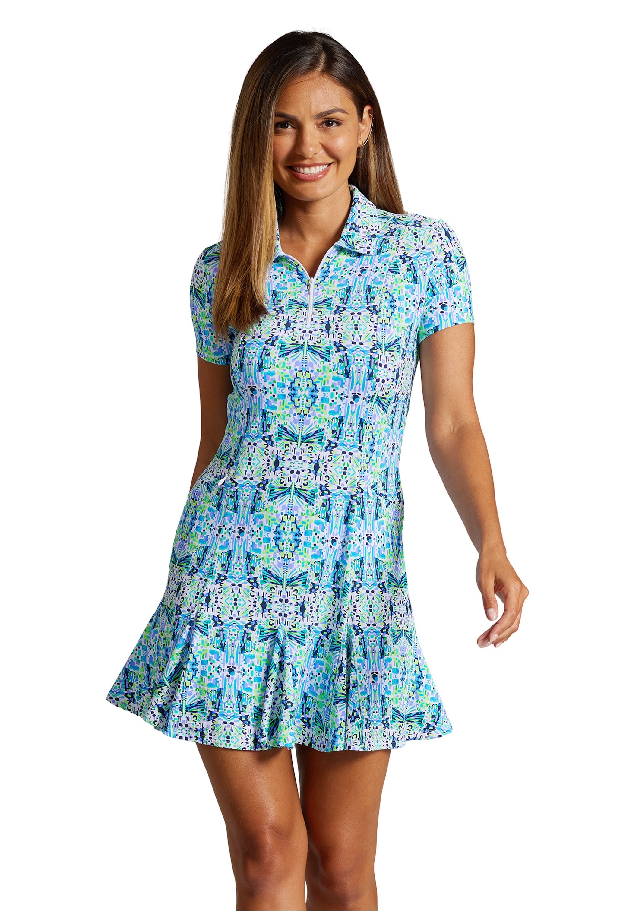 IBKÜL - Ridley Print Short Sleeve Godet Dress – 69089 - Color: Navy Multi