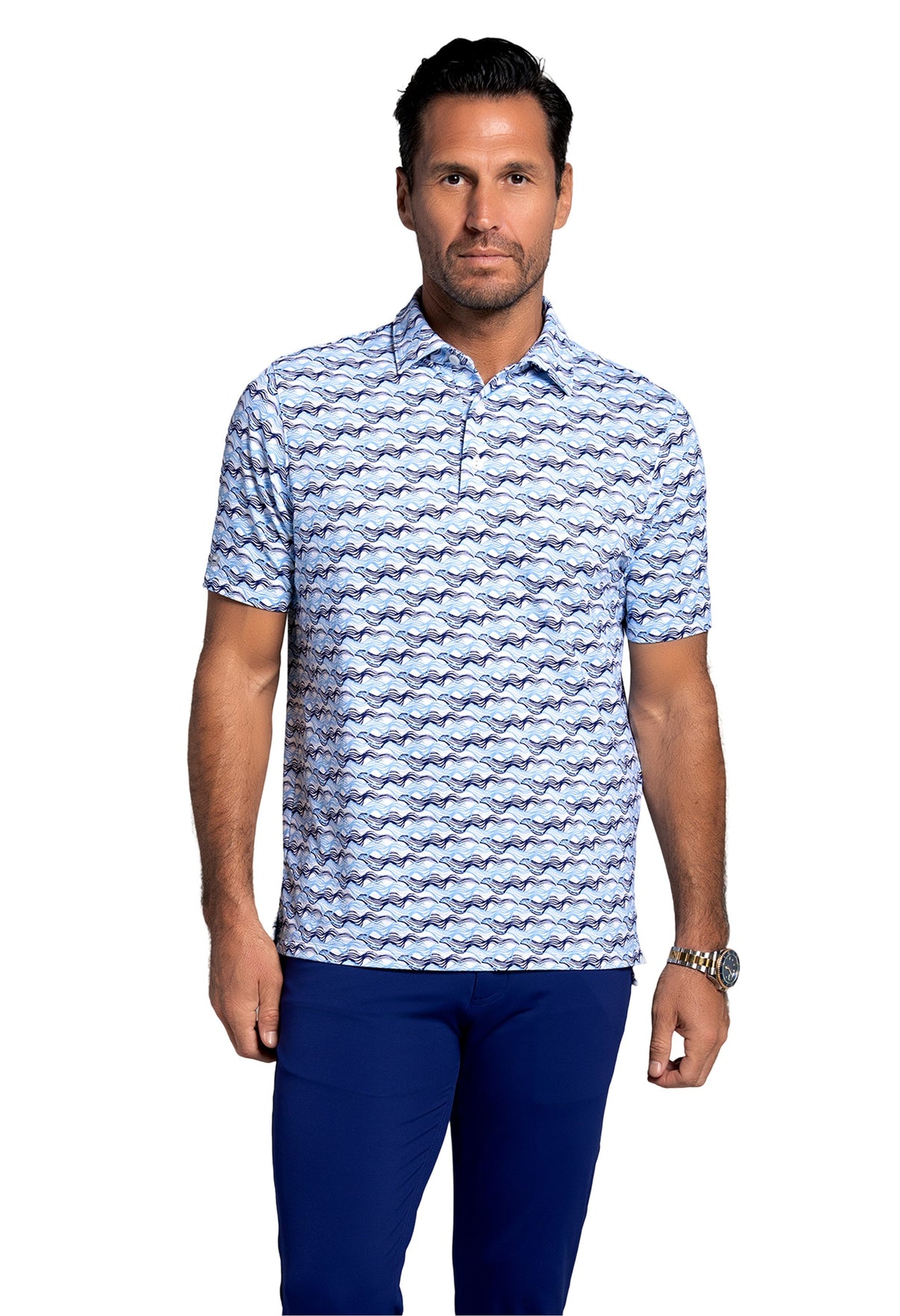 IBKÜL - Current Print Short Sleeve Polo (Modern Fit) - Color: White/Ink/Peri