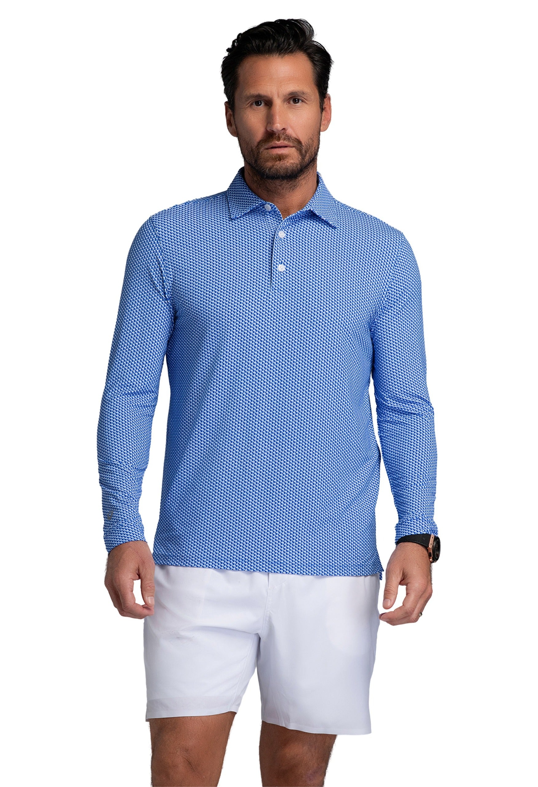 IBKÜL - Cube Art Long Sleeve Polo - Color: White/Royal