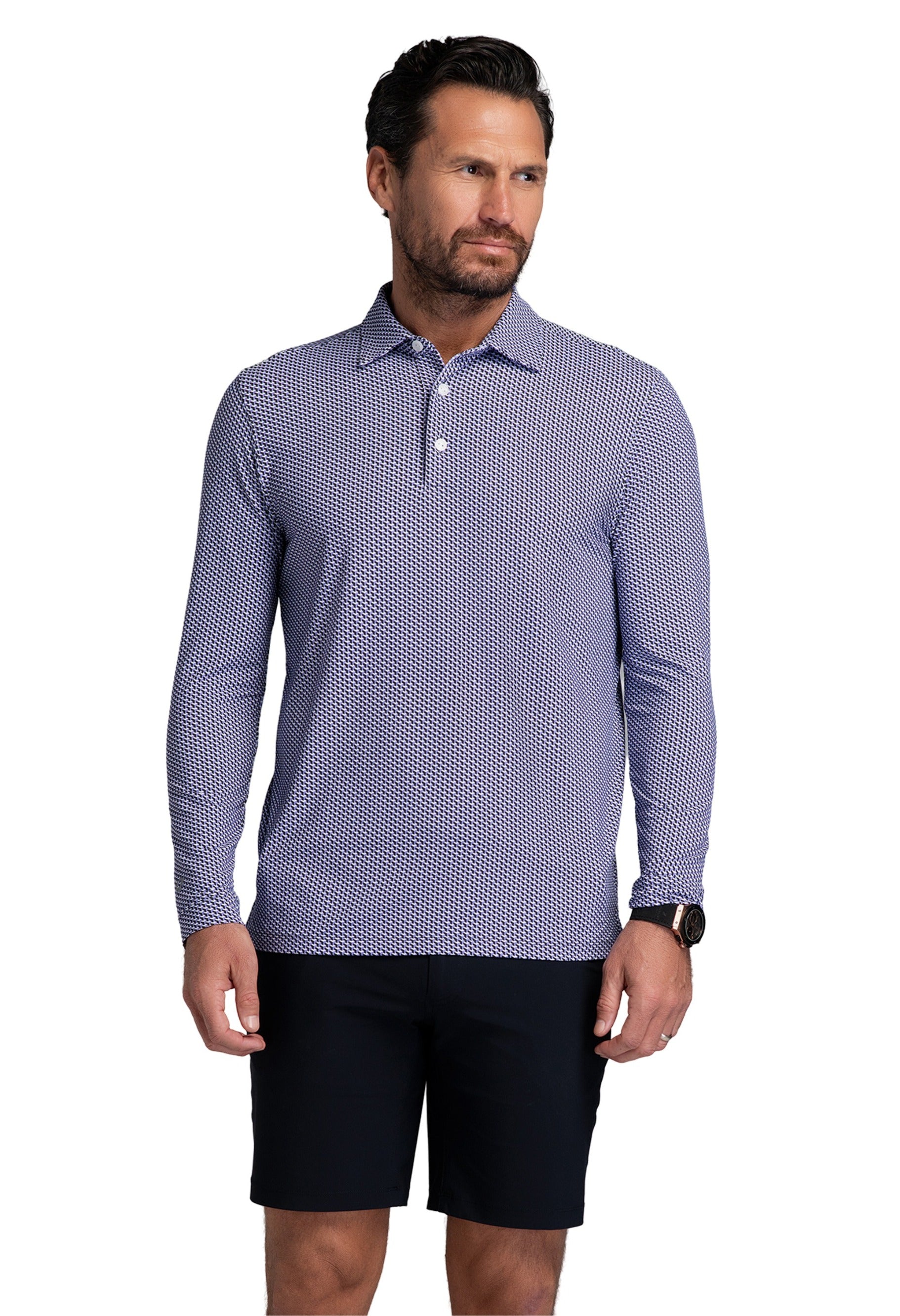 IBKÜL - Cube Art Long Sleeve Polo - Color: Lavender/Black