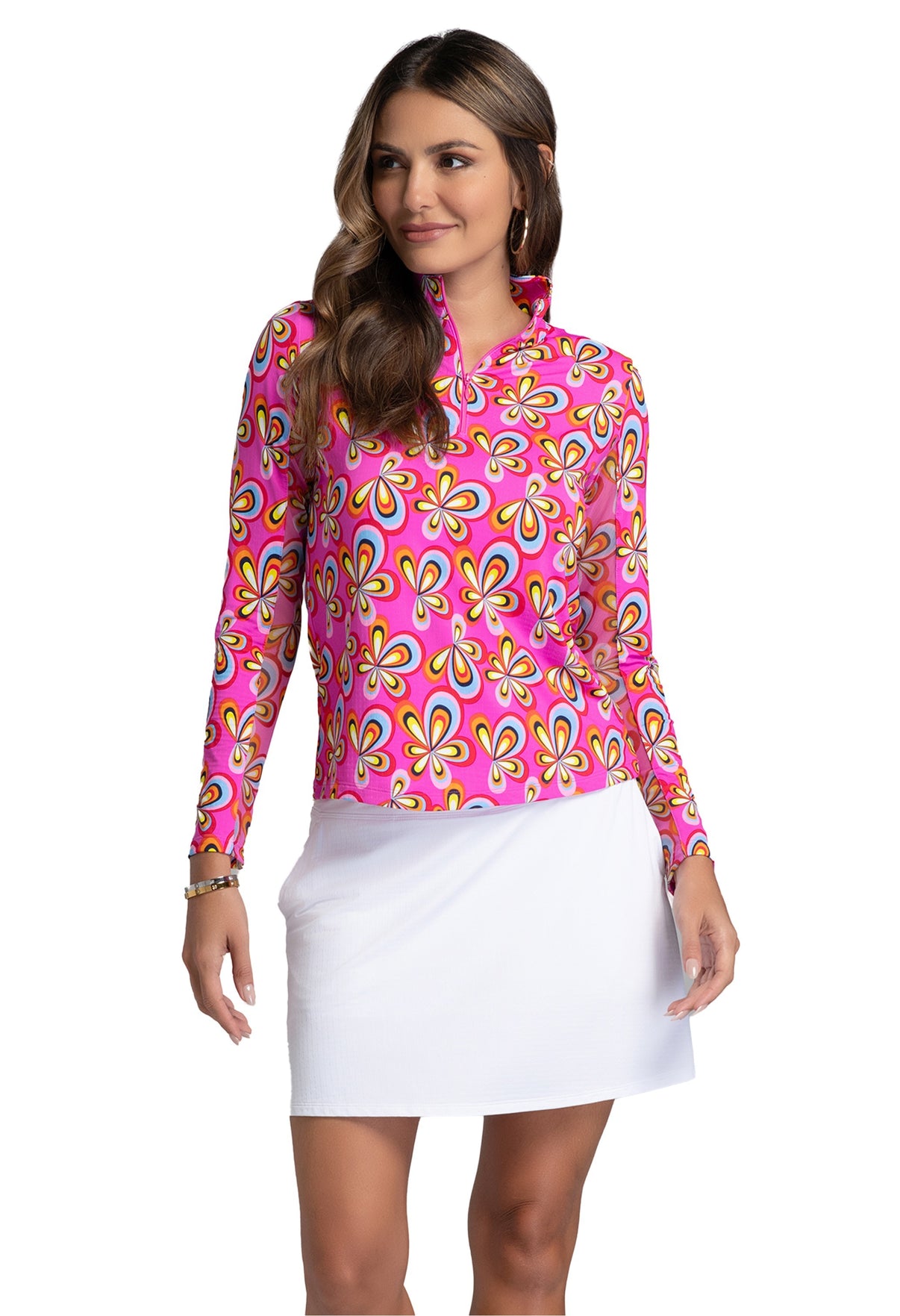 IBKÜL - Arya Print Long Sleeve Mock Neck Top - Color: Hot Pink Multi