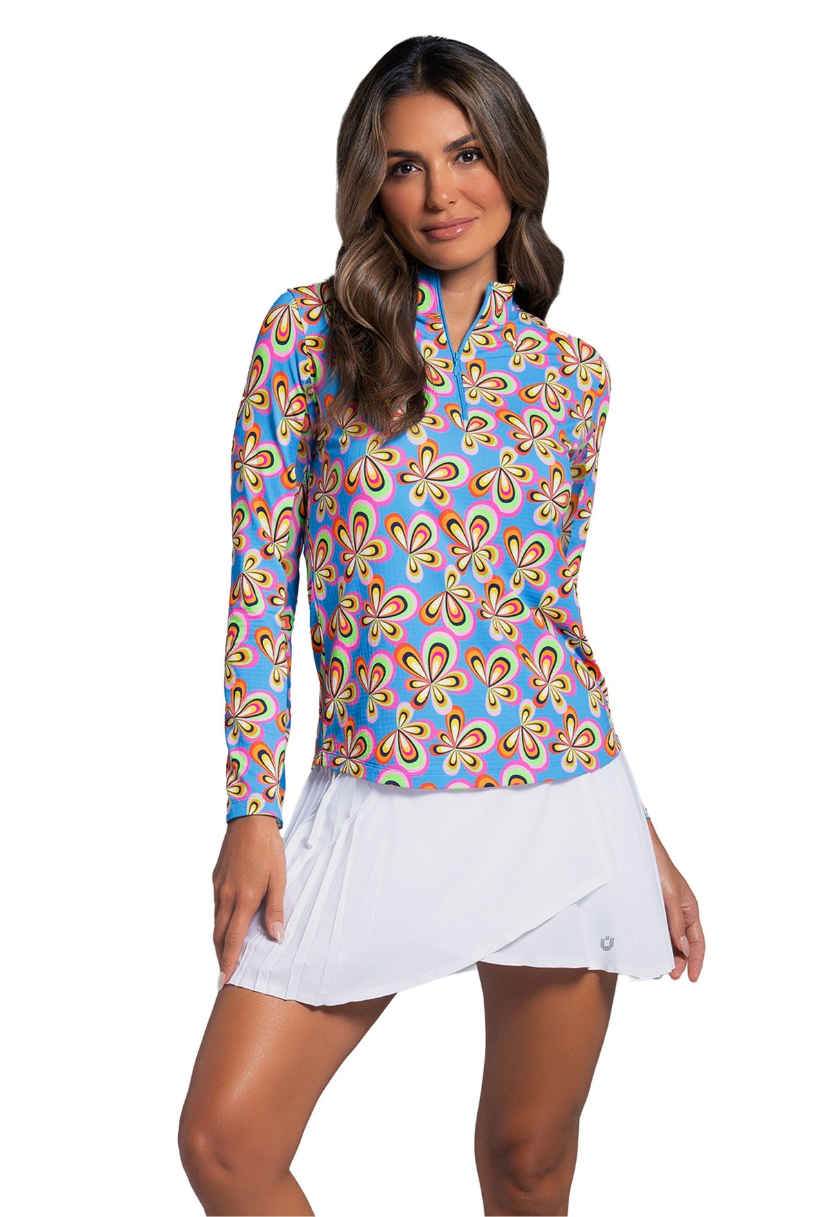 IBKÜL - Arya Print Long Sleeve Mock Neck Top - Color: Turquoise Multi
