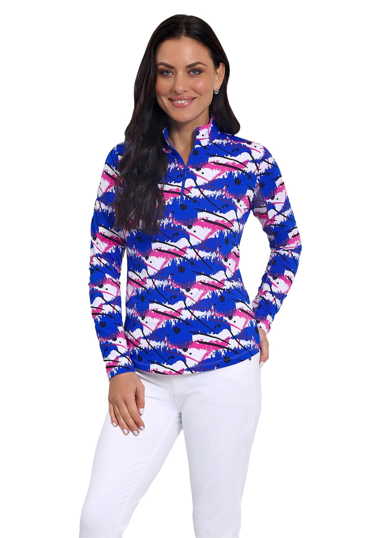 IBKÜL - Lizzy Print Long Sleeve Mock Neck Top - Color: Hot Pink/Blue