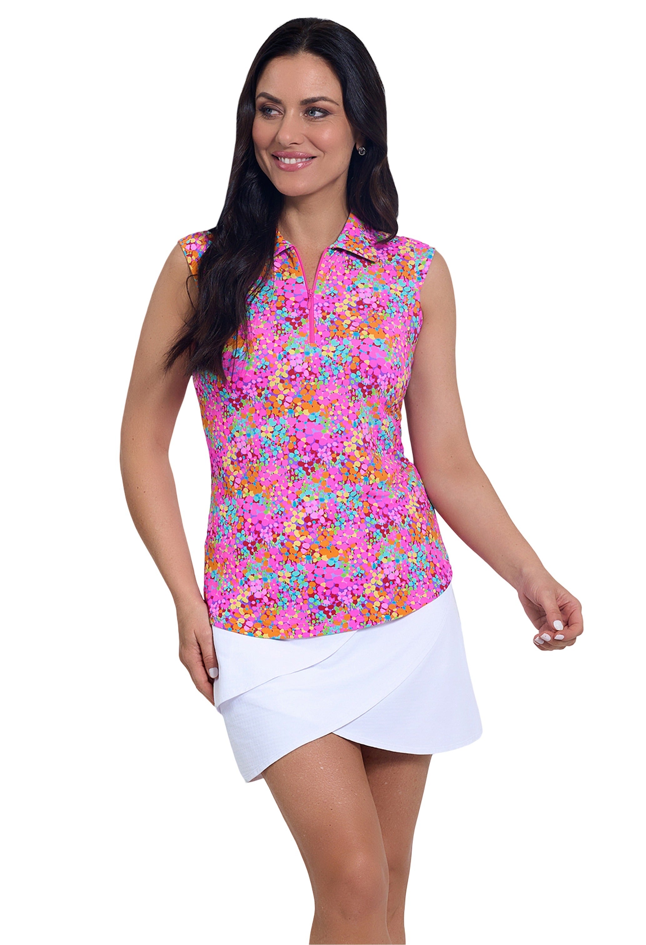 IBKÜL - Allana Print Sleeveless Polo - Color: Hot Pink Multi
